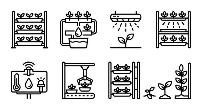 Vertical Farming Icons Set, Hydroponic Systems, Smart Agriculture Technology, Growth Stages, Automation