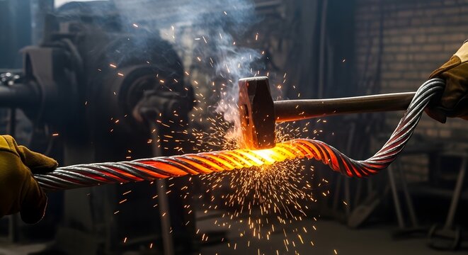 Skilled blacksmith hammers glowing hot metal rod sparks flying in dramatic workshop lighting