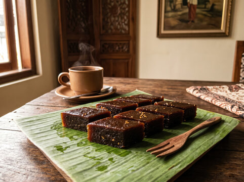 Tempeh blocks on banana leaf beside coffee cup in rustic wooden room .generative AI