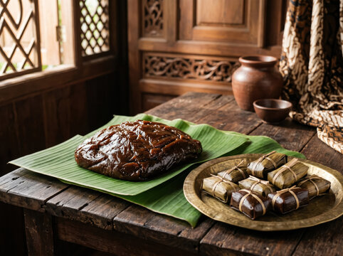 Glazed tempeh dish on banana leaf with teapot in traditional wooden setting .generative AI