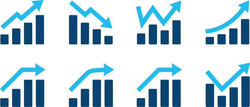 Financial charts and graphs set growth decline and stability indicators