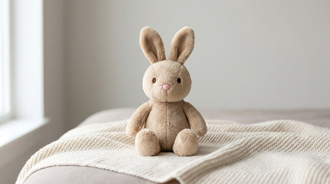 Cute stuffed rabbit on blanket.