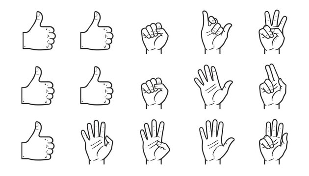 Various hand gestures isolated on white background diverse communication signals.