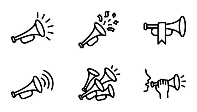 Party Horn Icons, Celebration Trumpet Graphics, Festive Noise Maker Vector Set, Fun Event Sound Symbols