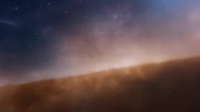 Warm toned dust fields gliding through deep space with rich atmospheric scattering and soft glow