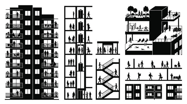 Silhouette flat vector collection of apartment building architecture entourage elements with elevator stairs and rooftop pool