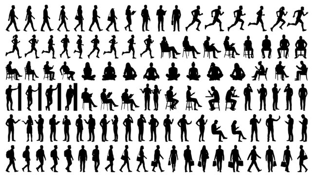 Silhouette flat vector collection of public people architecture entourage elements with walking runners and sitting poses