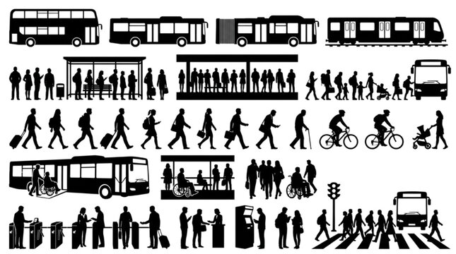 Silhouette flat vector collection of urban transit architecture entourage elements with metro station bus and pedestrians