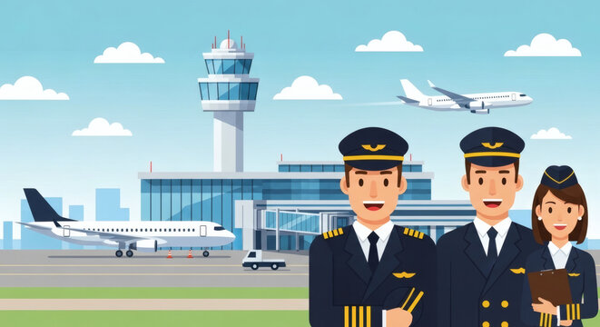 Airline pilot crew and flight attendant at airport runway