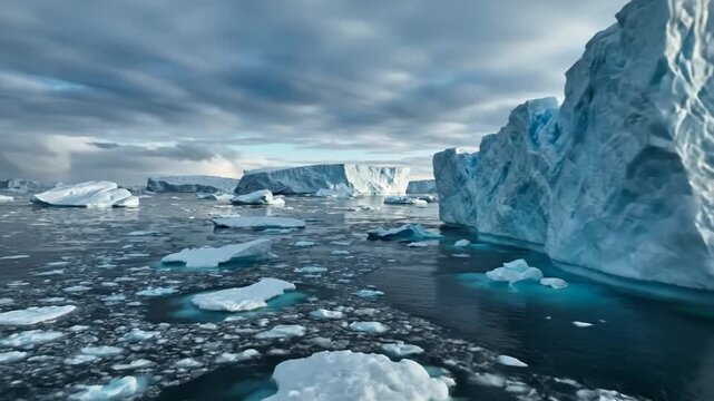 Massive blue icebergs and smaller ice fragments floating in a vast dark arctic sea under a dramatic cloudy sky with diffused sunlight reflecting off textured glacial ice surfaces.
