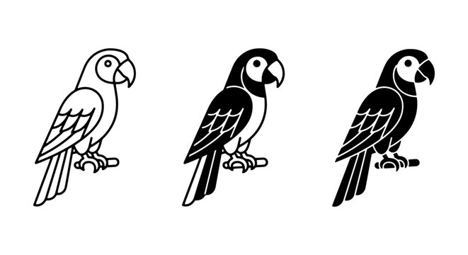 Parrot Icons Set, Tropical Bird Vector Graphics, Exotic Avian Illustrations, Simple Silhouette and Outline Styles