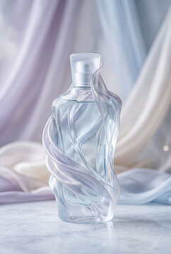 Perfume bottle formed from ice silk folds on soft fabric backdrop .generative AI
