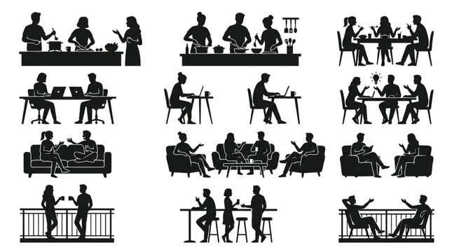 Silhouette flat vector collection of residential home interior architecture entourage elements with kitchen living room and balcony
