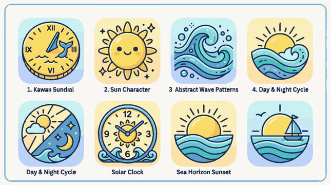 Set of cute hand drawn icons representing sun sea waves clocks and day night cycles.