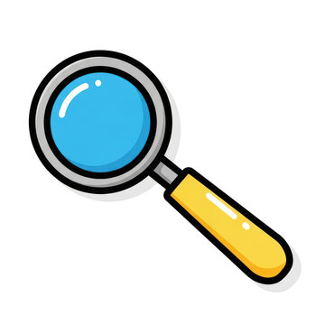 Cartoon style magnifying glass icon with blue lens and yellow handle on blank canvas.