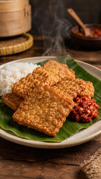 Crispy tempeh served on banana leaf with red chilies in rustic kitchen .generative AI