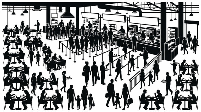 Silhouette flat vector collection of food court cafeteria architecture entourage elements with restaurant counter and dining