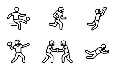 Fototapeta premium American Football Player Icons, Soccer Player Icon, Sports Action Figures, Athlete Silhouette Set, Dynamic Movement Graphics, Team Sport Vector Collection