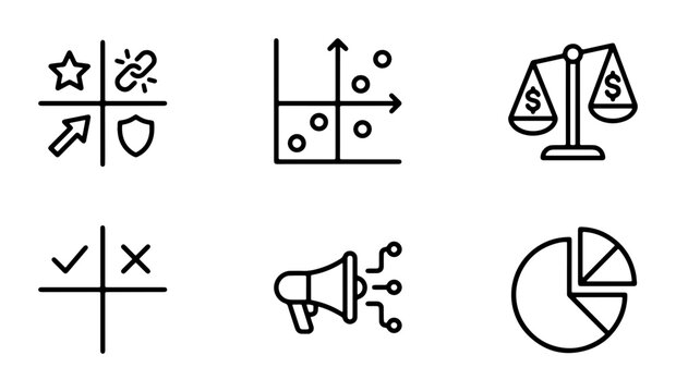 Business Icons Set: Strategy, Data Analysis, Finance, Decision Making, Marketing, and Analytics Graphics