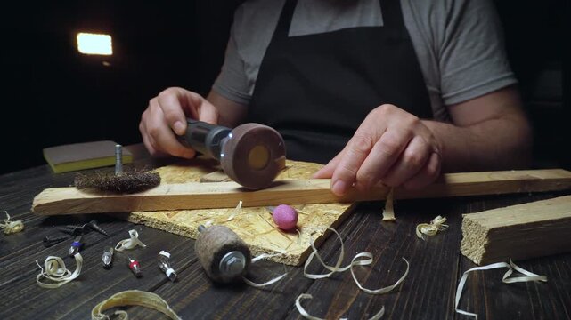 Craftsman shapes wood using rotary tool and hammer, surrounded by shavings and various tools on a wooden workbench in a dimly lit workshop