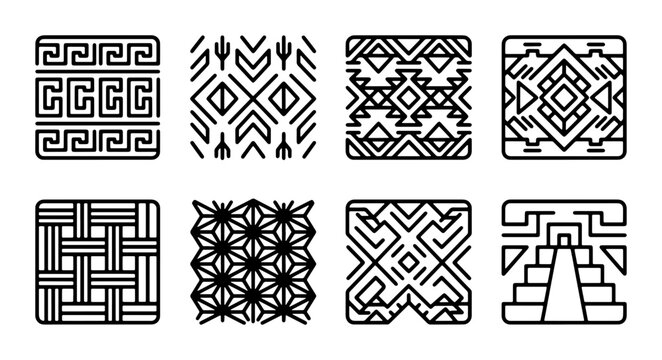 Geometric Aztec Patterns, Tribal Vector Icons, Indigenous Cultural Motifs, Ancient South American Design Elements, Black and White Graphic Set