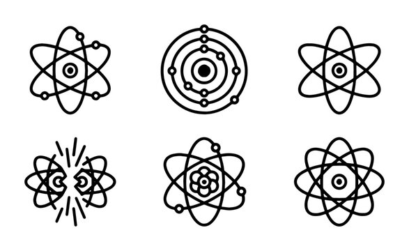 Atomic Structure Icons, Science Symbols, Chemistry Elements, Physics Concepts, Molecular Models, Nuclear Energy Graphics, Vector Set