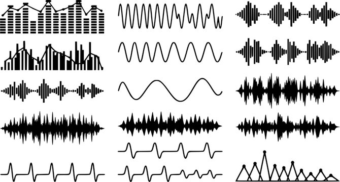 Black sound waves. Abstract music wave, radio signal frequency and digital voice visualisation. Tune equalizer vector set. Monochrome volume audio lines, soundwaves rhythm isolated on white background