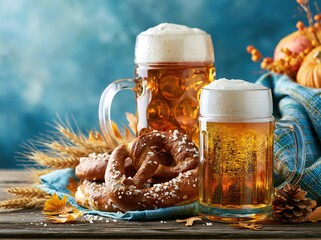 Obraz premium Enjoying pretzels and beer on a wooden table with autumn decorations in the background during a gathering