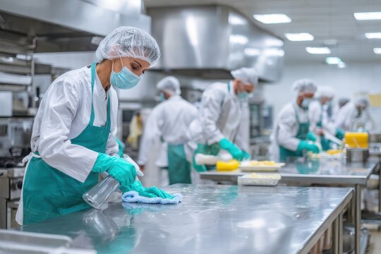 Hygiene in food service: workers with gloves and masks using spray and microfiber cloth