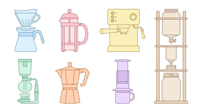 Collection of coffee brewing devices and equipment.