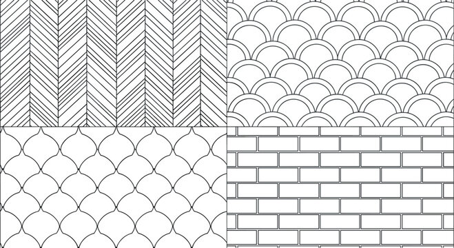 Geometric Seamless Pattern Background Set with Chevron Herringbone Fish Scales Mermaid Tails and Brick Wall Line Art Textures for Adult Coloring VectorGeometric Seamless Pattern Background Set with Ch