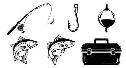 Fishing tackle and fish icons. © Saputra