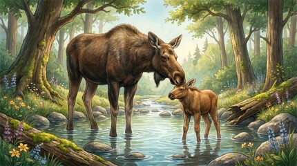 Naklejka premium A mother moose and her calf stand in a serene forest stream surrounded by lush trees, flowers, and rocks under a bright, clear sky.