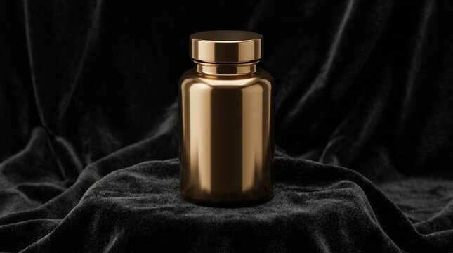Premium Luxury Gold Metallic Cosmetic Bottle Mockup Standing on Black Velvet Pedestal Background, Elegant Skin Care Product Packaging Design with Cinematic Lighting Concept