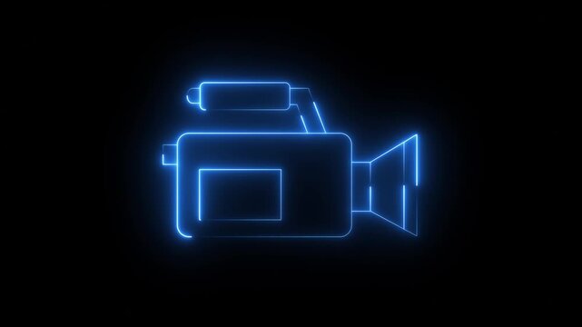 Glowing neon video-camera icon isolated on black background. HD Video motion graphic animation. Glowing neon line video camera icon animation.