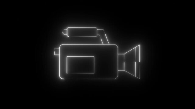 Glowing neon video-camera icon isolated on black background. HD Video motion graphic animation. Glowing neon line video camera icon animation.