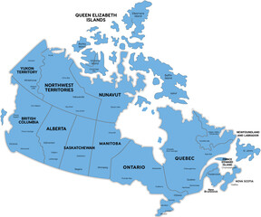 Fototapeta premium Map of Canada with provinces and territories labeled blue political map for travel