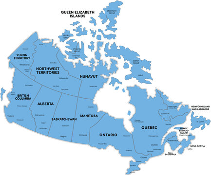 Map of Canada with provinces and territories labeled blue political map for travel