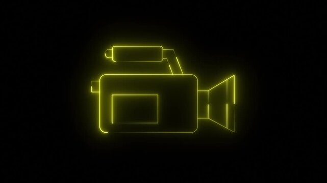 Glowing neon video-camera icon isolated on black background. HD Video motion graphic animation. Glowing neon line video camera icon animation.
