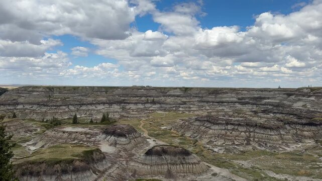 Scenic aerial view of Horseshoe Canyon badlands near Drumheller, Alberta, Canada