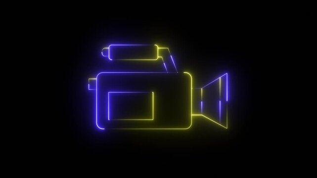 Glowing neon video-camera icon isolated on black background. HD Video motion graphic animation. Glowing neon line video camera icon animation.