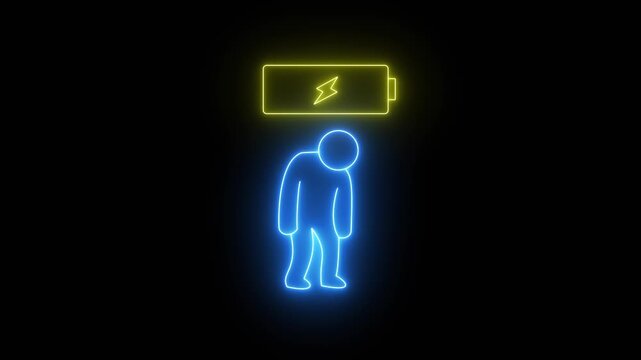 Glowing neon showing a low battery icon and a tired person appearing in the foreground, suggesting a concept of burnout and fatigue in medical professionals 4k video .