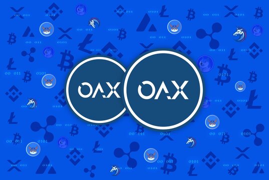 Images of oax cryptocurrency on digital background. 3d illustrations.