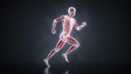 Naklejka premium Human anatomy visualization of skeleton and muscles running on a reflective dark surface.