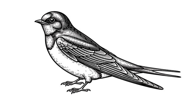 Detailed black and white engraving of a single barn swallow bird isolated on a transparent background