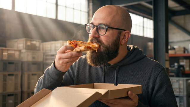 Bearded man in glasses enjoying a hot slice of pizza during a break in an industrial warehouse.