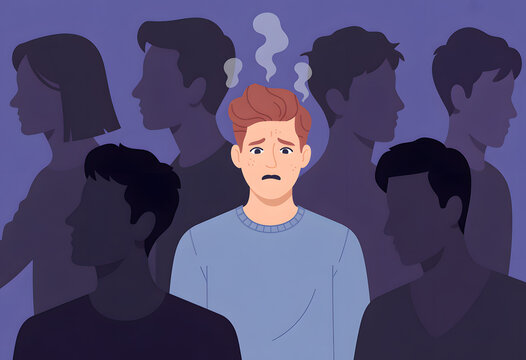 Flat illustration of an anxious young man feeling overwhelmed and stressed in a dense crowd of dark people silhouettes. Concept of social anxiety, panic, or phobia.