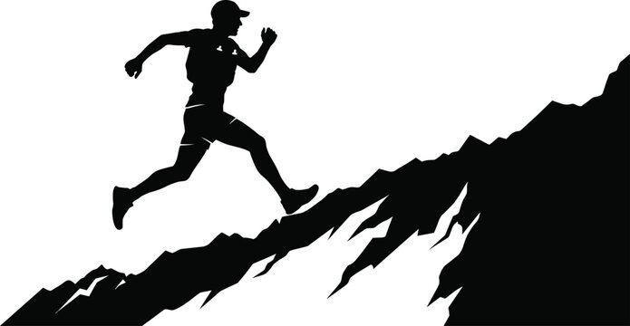 Trail running silhouette athlete ascending mountain peak