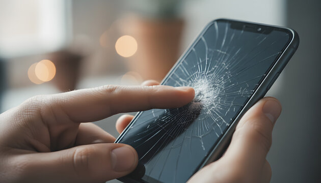 Close-up of hands holding a smartphone with a badly shattered glass screen | Finger touching cracked display of mobile phone | Concept of accidental damage and electronic repair services