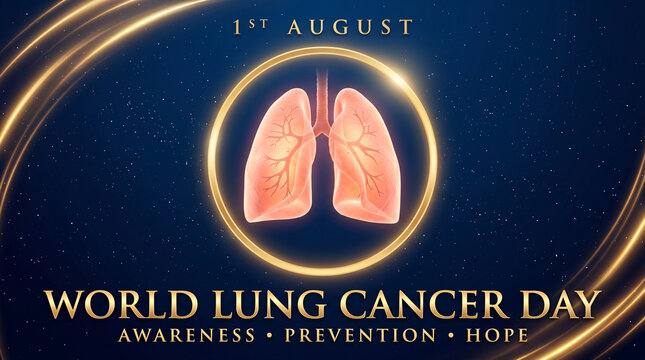 World lung cancer day awareness poster with human lungs illustration on a dark blue background with golden light effects